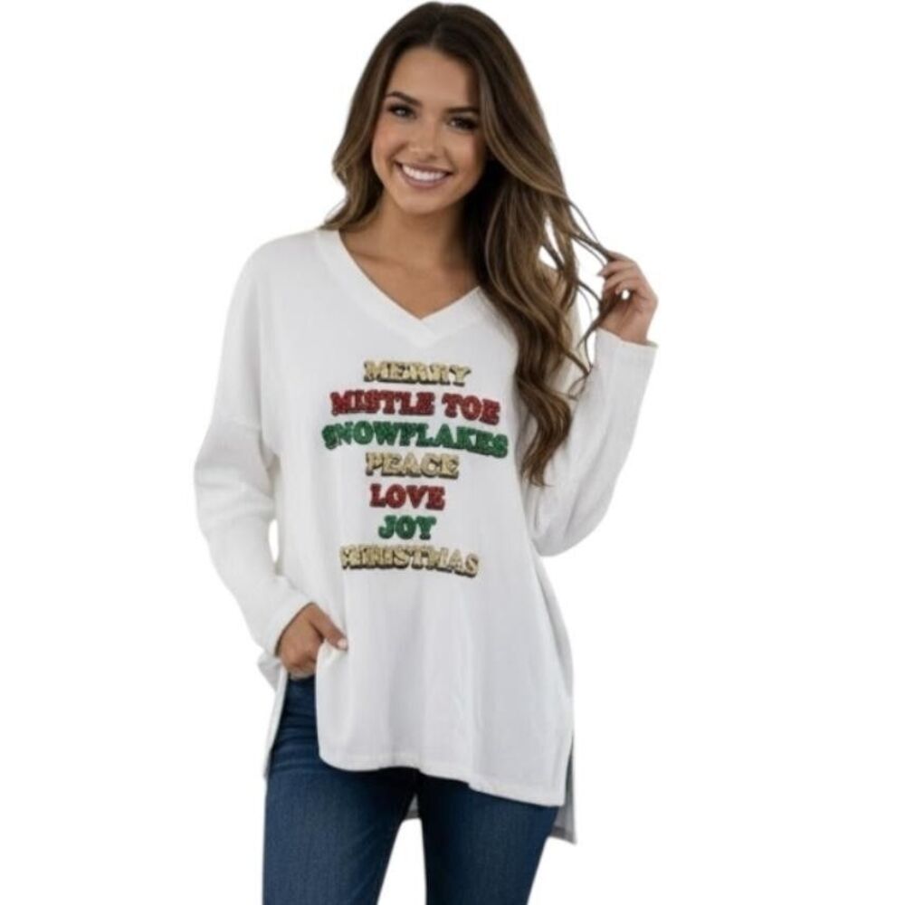 Tru Self Shirt Womens Small White V Neck Long Sleeve Christmas Graphic Glitter